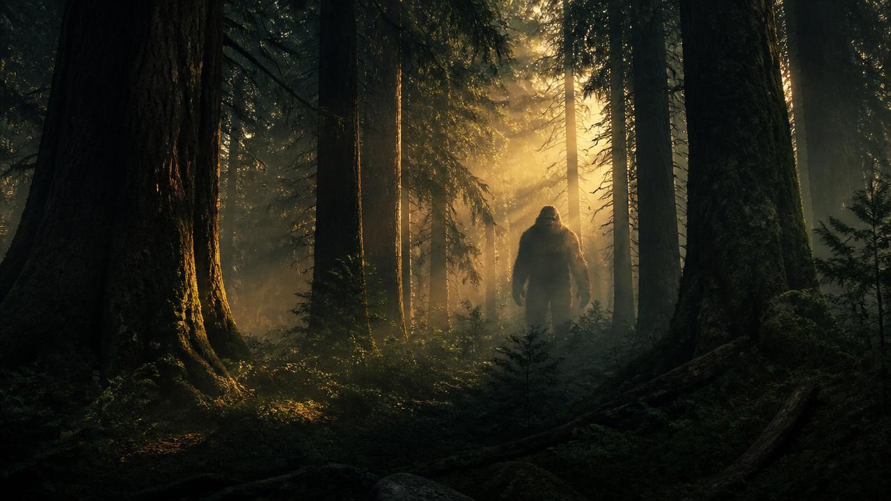 Mysterious forest scene with cryptid silhouette